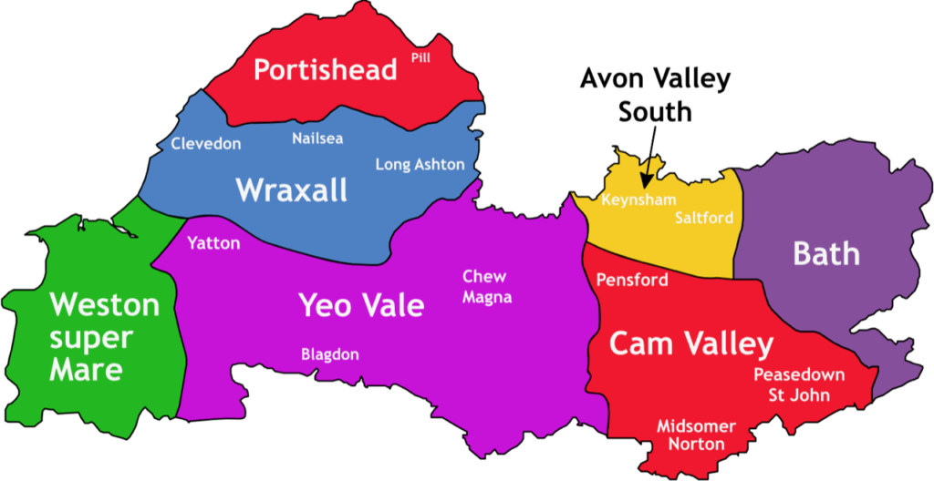 Map of Somerset North county, divided into seven areas - Weston super Mare, Wraxall, Portishead, Yeo Vale, Cam Valley, Avon Valley South and Bath.
